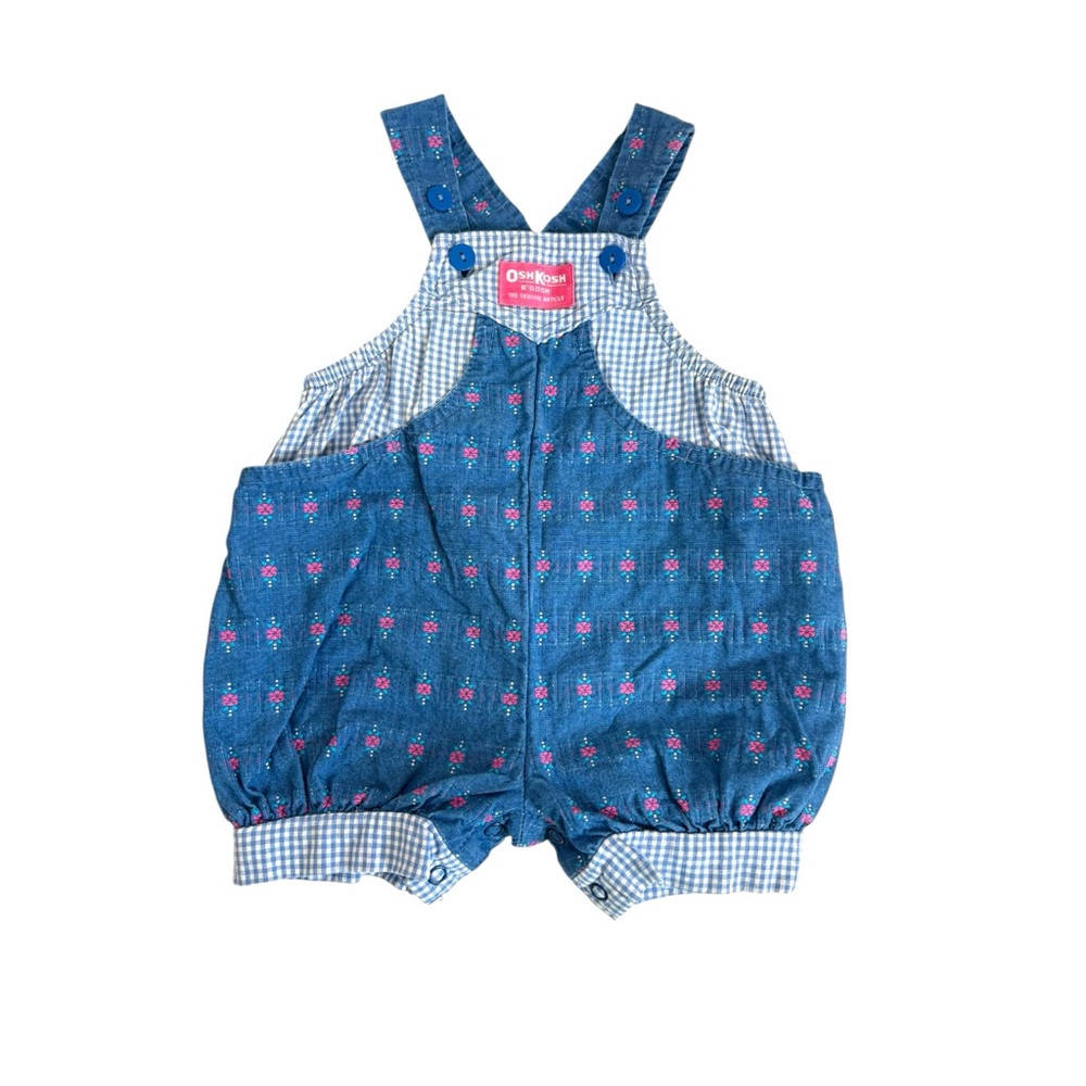 Vintage OshKosh B’gosh Vestbak Bubble Romper Short Blue Floral Gingham RARE 6-9M